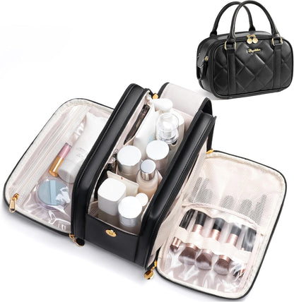 Travel Makeup Bag, Large Capacity Quilted Toiletry Bag for Women Stand-up Cosmetic Bag Open Flat Make Up Case Organizer Portable Pouch Purse w/Handle for Traveling Accessories Ivory White