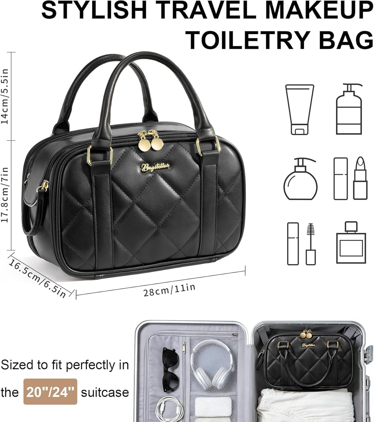 Travel Makeup Bag, Large Capacity Quilted Toiletry Bag for Women Stand-up Cosmetic Bag Open Flat Make Up Case Organizer Portable Pouch Purse w/Handle for Traveling Accessories Ivory White