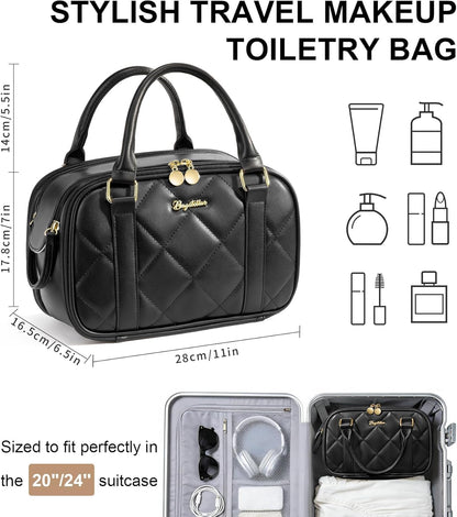 Travel Makeup Bag, Large Capacity Quilted Toiletry Bag for Women Stand-up Cosmetic Bag Open Flat Make Up Case Organizer Portable Pouch Purse w/Handle for Traveling Accessories Ivory White