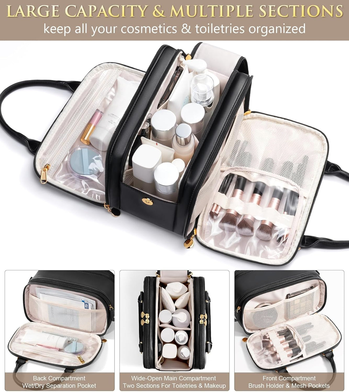 Travel Makeup Bag, Large Capacity Quilted Toiletry Bag for Women Stand-up Cosmetic Bag Open Flat Make Up Case Organizer Portable Pouch Purse w/Handle for Traveling Accessories Ivory White