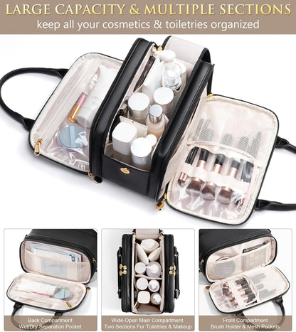 Travel Makeup Bag, Large Capacity Quilted Toiletry Bag for Women Stand-up Cosmetic Bag Open Flat Make Up Case Organizer Portable Pouch Purse w/Handle for Traveling Accessories Ivory White