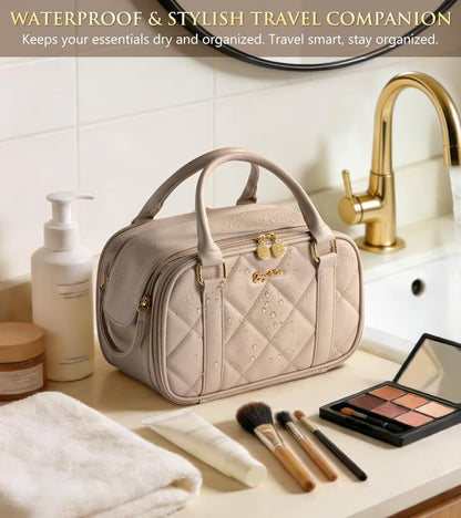 Travel Makeup Bag, Large Capacity Quilted Toiletry Bag for Women Stand-up Cosmetic Bag Open Flat Make Up Case Organizer Portable Pouch Purse w/Handle for Traveling Accessories Ivory White