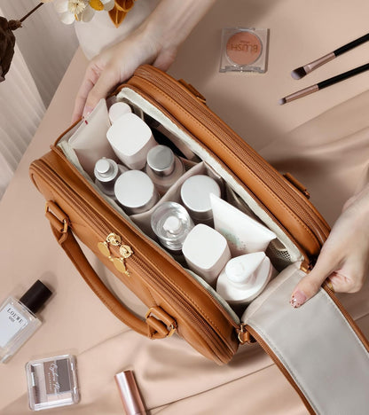 Travel Makeup Bag, Large Capacity Quilted Toiletry Bag for Women Stand-up Cosmetic Bag Open Flat Make Up Case Organizer Portable Pouch Purse w/Handle for Traveling Accessories Ivory White