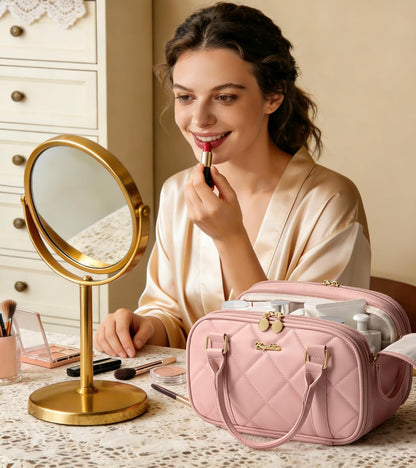 Travel Makeup Bag, Large Capacity Quilted Toiletry Bag for Women Stand-up Cosmetic Bag Open Flat Make Up Case Organizer Portable Pouch Purse w/Handle for Traveling Accessories Ivory White