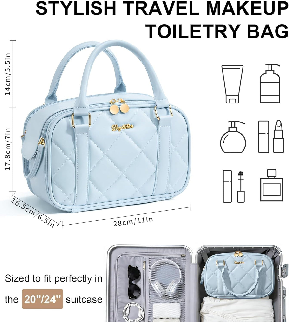 Travel Makeup Bag, Large Capacity Quilted Toiletry Bag for Women Stand-up Cosmetic Bag Open Flat Make Up Case Organizer Portable Pouch Purse w/Handle for Traveling Accessories Ivory White