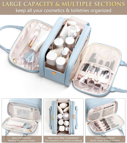 Travel Makeup Bag, Large Capacity Quilted Toiletry Bag for Women Stand-up Cosmetic Bag Open Flat Make Up Case Organizer Portable Pouch Purse w/Handle for Traveling Accessories Ivory White