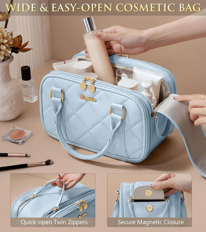 Travel Makeup Bag, Large Capacity Quilted Toiletry Bag for Women Stand-up Cosmetic Bag Open Flat Make Up Case Organizer Portable Pouch Purse w/Handle for Traveling Accessories Ivory White