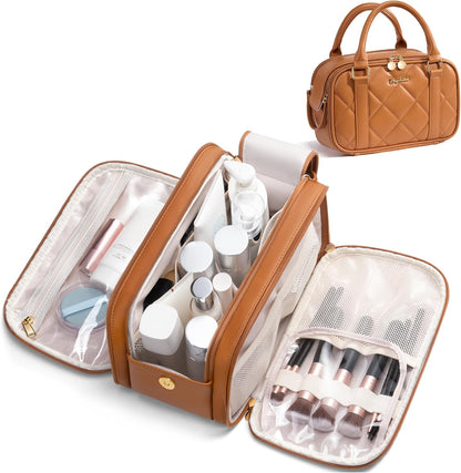 Travel Makeup Bag, Large Capacity Quilted Toiletry Bag for Women Stand-up Cosmetic Bag Open Flat Make Up Case Organizer Portable Pouch Purse w/Handle for Traveling Accessories Ivory White