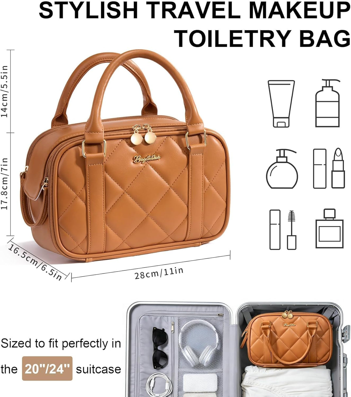 Travel Makeup Bag, Large Capacity Quilted Toiletry Bag for Women Stand-up Cosmetic Bag Open Flat Make Up Case Organizer Portable Pouch Purse w/Handle for Traveling Accessories Ivory White