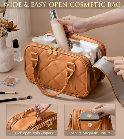 Travel Makeup Bag, Large Capacity Quilted Toiletry Bag for Women Stand-up Cosmetic Bag Open Flat Make Up Case Organizer Portable Pouch Purse w/Handle for Traveling Accessories Ivory White