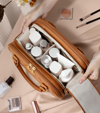 Travel Makeup Bag, Large Capacity Quilted Toiletry Bag for Women Stand-up Cosmetic Bag Open Flat Make Up Case Organizer Portable Pouch Purse w/Handle for Traveling Accessories Ivory White
