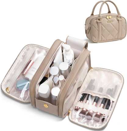 Travel Makeup Bag, Large Capacity Quilted Toiletry Bag for Women Stand-up Cosmetic Bag Open Flat Make Up Case Organizer Portable Pouch Purse w/Handle for Traveling Accessories Ivory White