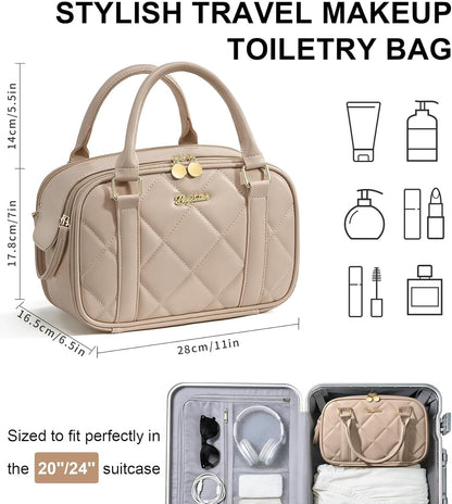 Travel Makeup Bag, Large Capacity Quilted Toiletry Bag for Women Stand-up Cosmetic Bag Open Flat Make Up Case Organizer Portable Pouch Purse w/Handle for Traveling Accessories Ivory White