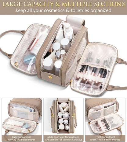 Travel Makeup Bag, Large Capacity Quilted Toiletry Bag for Women Stand-up Cosmetic Bag Open Flat Make Up Case Organizer Portable Pouch Purse w/Handle for Traveling Accessories Ivory White