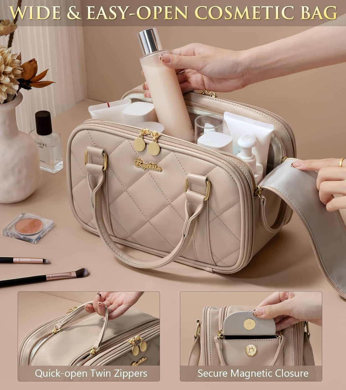Travel Makeup Bag, Large Capacity Quilted Toiletry Bag for Women Stand-up Cosmetic Bag Open Flat Make Up Case Organizer Portable Pouch Purse w/Handle for Traveling Accessories Ivory White