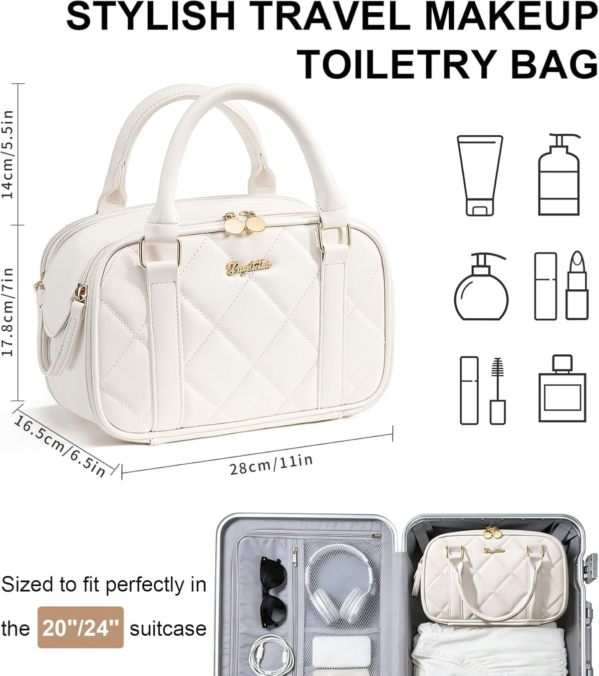 Travel Makeup Bag, Large Capacity Quilted Toiletry Bag for Women Stand-up Cosmetic Bag Open Flat Make Up Case Organizer Portable Pouch Purse w/Handle for Traveling Accessories Ivory White