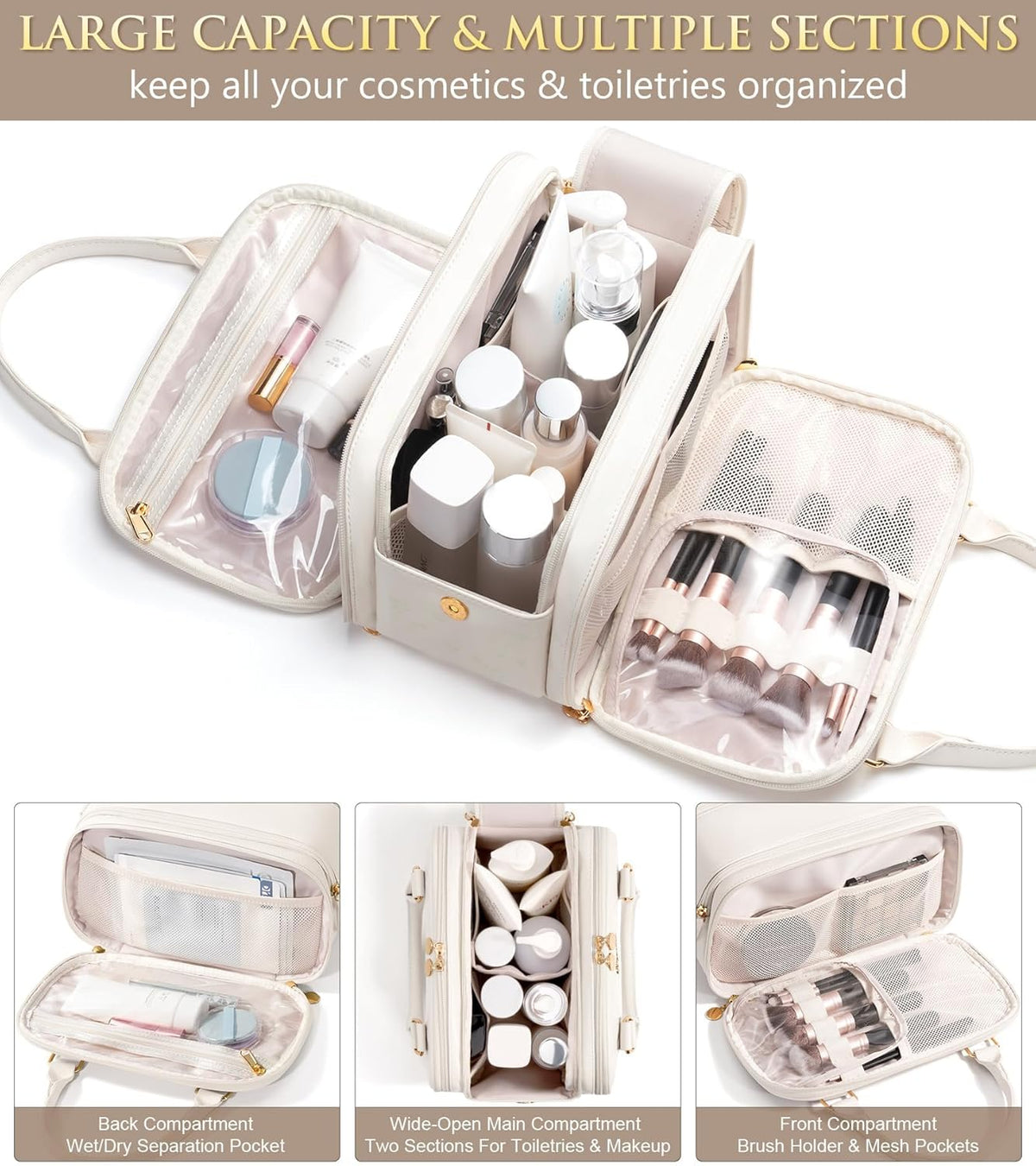 Travel Makeup Bag, Large Capacity Quilted Toiletry Bag for Women Stand-up Cosmetic Bag Open Flat Make Up Case Organizer Portable Pouch Purse w/Handle for Traveling Accessories Ivory White