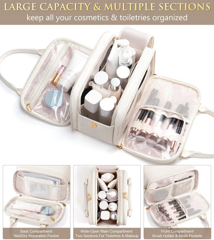 Travel Makeup Bag, Large Capacity Quilted Toiletry Bag for Women Stand-up Cosmetic Bag Open Flat Make Up Case Organizer Portable Pouch Purse w/Handle for Traveling Accessories Ivory White