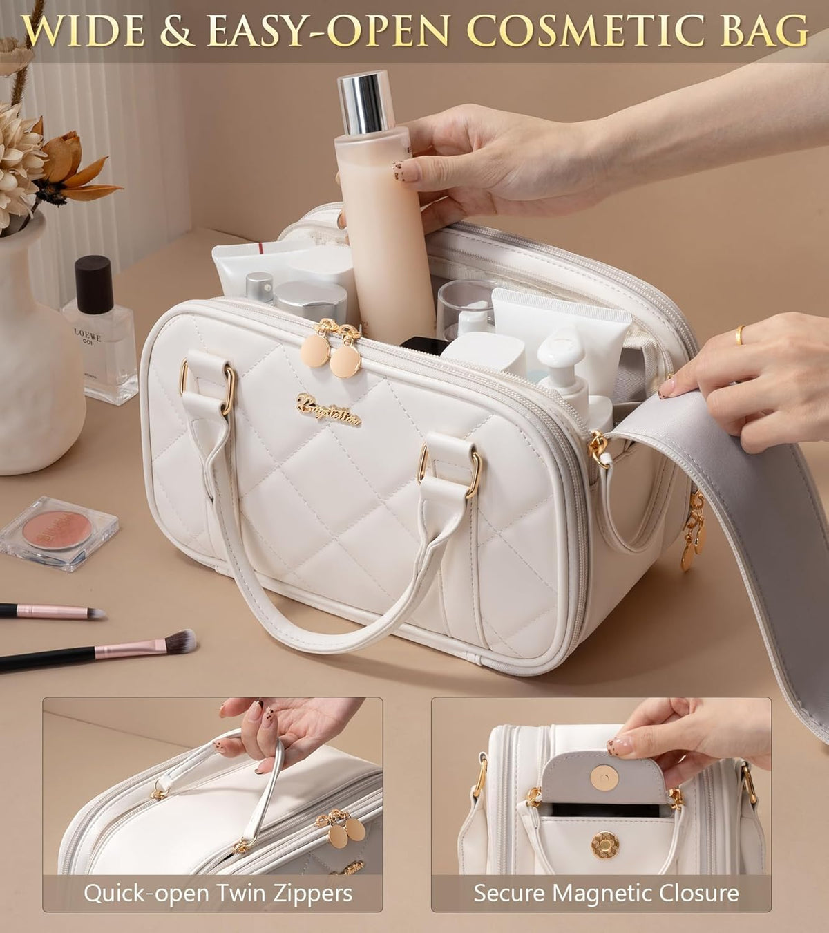 Travel Makeup Bag, Large Capacity Quilted Toiletry Bag for Women Stand-up Cosmetic Bag Open Flat Make Up Case Organizer Portable Pouch Purse w/Handle for Traveling Accessories Ivory White