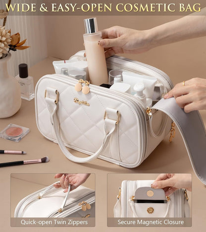 Travel Makeup Bag, Large Capacity Quilted Toiletry Bag for Women Stand-up Cosmetic Bag Open Flat Make Up Case Organizer Portable Pouch Purse w/Handle for Traveling Accessories Ivory White