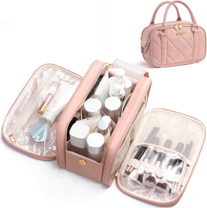 Travel Makeup Bag, Large Capacity Quilted Toiletry Bag for Women Stand-up Cosmetic Bag Open Flat Make Up Case Organizer Portable Pouch Purse w/Handle for Traveling Accessories Ivory White