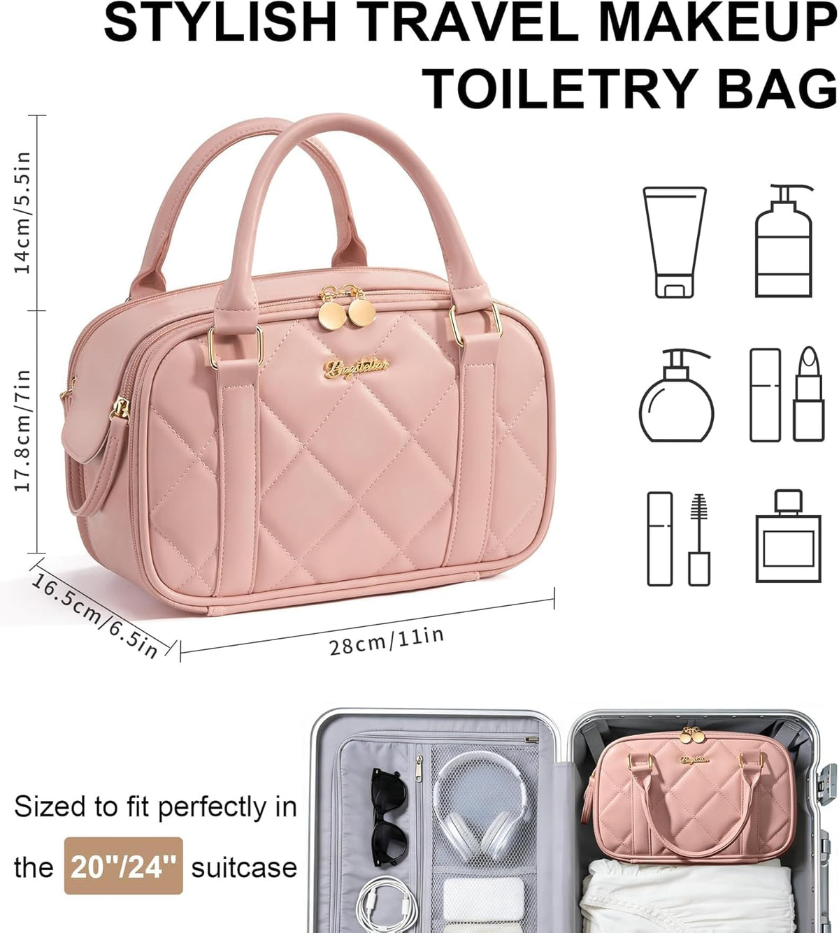 Travel Makeup Bag, Large Capacity Quilted Toiletry Bag for Women Stand-up Cosmetic Bag Open Flat Make Up Case Organizer Portable Pouch Purse w/Handle for Traveling Accessories Ivory White
