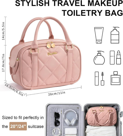 Travel Makeup Bag, Large Capacity Quilted Toiletry Bag for Women Stand-up Cosmetic Bag Open Flat Make Up Case Organizer Portable Pouch Purse w/Handle for Traveling Accessories Ivory White