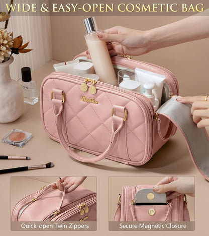 Travel Makeup Bag, Large Capacity Quilted Toiletry Bag for Women Stand-up Cosmetic Bag Open Flat Make Up Case Organizer Portable Pouch Purse w/Handle for Traveling Accessories Ivory White