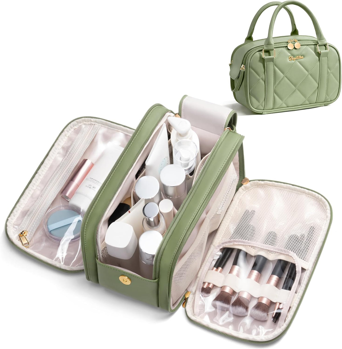 Travel Makeup Bag, Large Capacity Quilted Toiletry Bag for Women Stand-up Cosmetic Bag Open Flat Make Up Case Organizer Portable Pouch Purse w/Handle for Traveling Accessories Ivory White