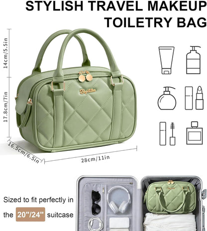 Travel Makeup Bag, Large Capacity Quilted Toiletry Bag for Women Stand-up Cosmetic Bag Open Flat Make Up Case Organizer Portable Pouch Purse w/Handle for Traveling Accessories Ivory White