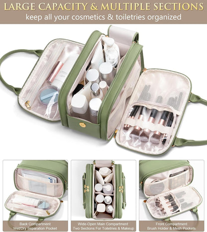 Travel Makeup Bag, Large Capacity Quilted Toiletry Bag for Women Stand-up Cosmetic Bag Open Flat Make Up Case Organizer Portable Pouch Purse w/Handle for Traveling Accessories Ivory White