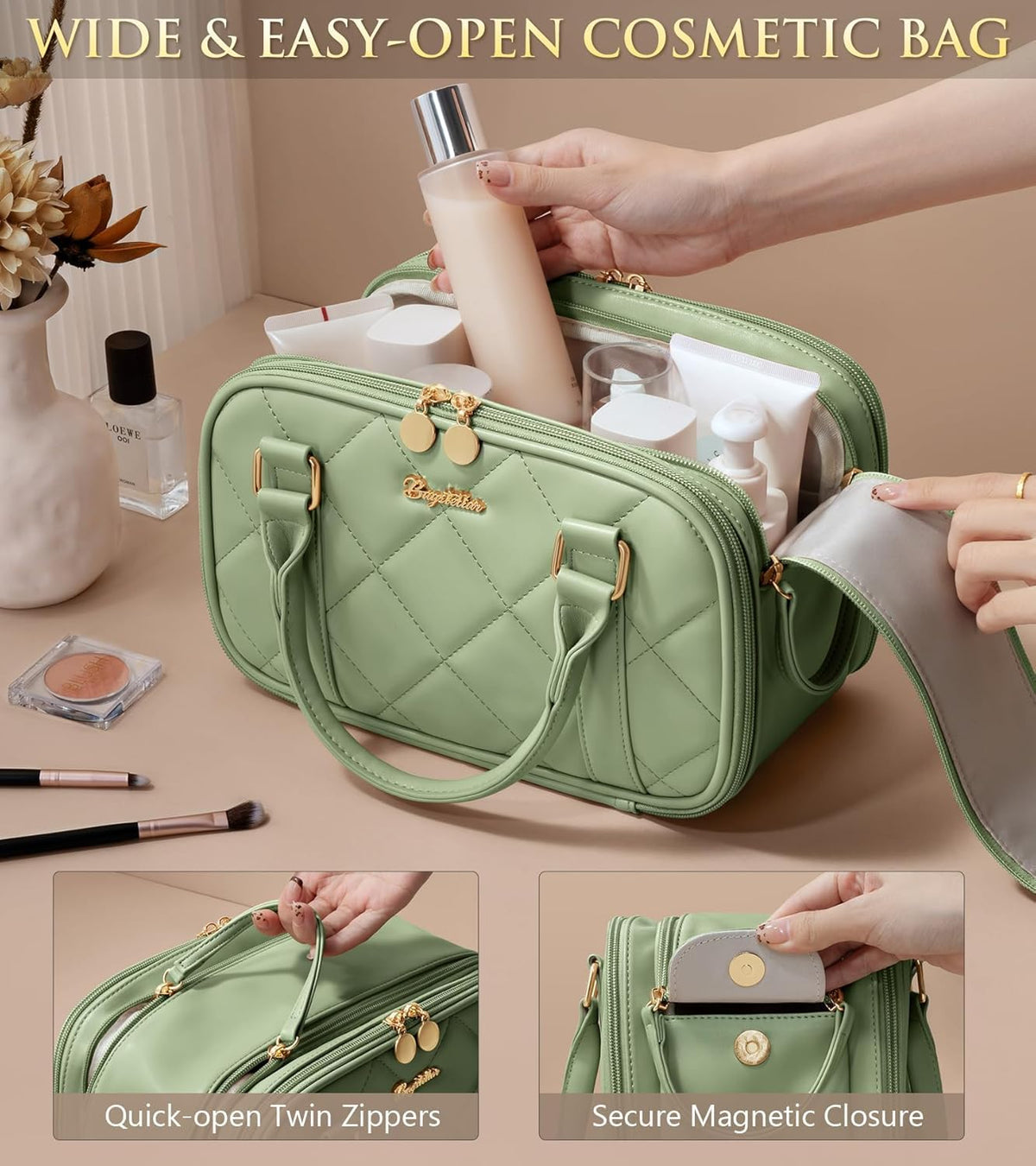 Travel Makeup Bag, Large Capacity Quilted Toiletry Bag for Women Stand-up Cosmetic Bag Open Flat Make Up Case Organizer Portable Pouch Purse w/Handle for Traveling Accessories Ivory White