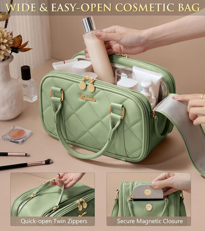 Travel Makeup Bag, Large Capacity Quilted Toiletry Bag for Women Stand-up Cosmetic Bag Open Flat Make Up Case Organizer Portable Pouch Purse w/Handle for Traveling Accessories Ivory White