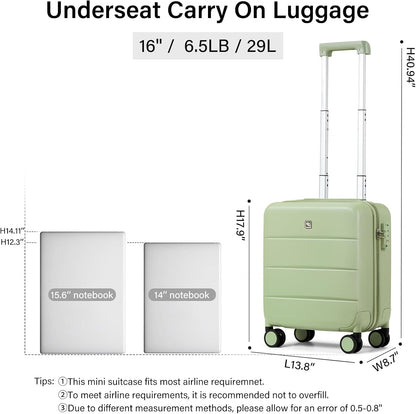 16 Inch Underseat Carry On Luggage with Spinner Wheels Hard Shell Suitcases Mini Small Carry On Bag for Airline Approved TSA Luggage Lightweight Travel Suit Case(Smoke White)