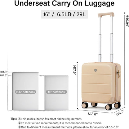 16 Inch Underseat Carry On Luggage with Spinner Wheels Hard Shell Suitcases Mini Small Carry On Bag for Airline Approved TSA Luggage Lightweight Travel Suit Case(Smoke White)