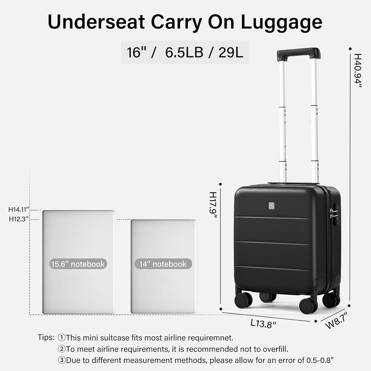 16 Inch Underseat Carry On Luggage with Spinner Wheels Hard Shell Suitcases Mini Small Carry On Bag for Airline Approved TSA Luggage Lightweight Travel Suit Case(Smoke White)