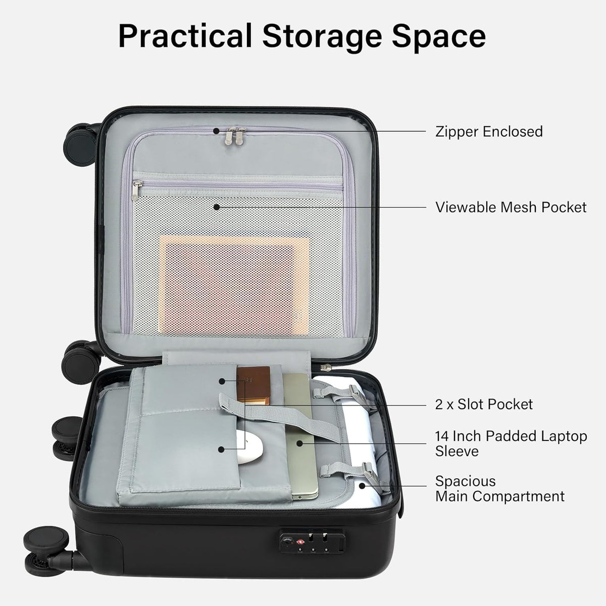 16 Inch Underseat Carry On Luggage with Spinner Wheels Hard Shell Suitcases Mini Small Carry On Bag for Airline Approved TSA Luggage Lightweight Travel Suit Case(Smoke White)
