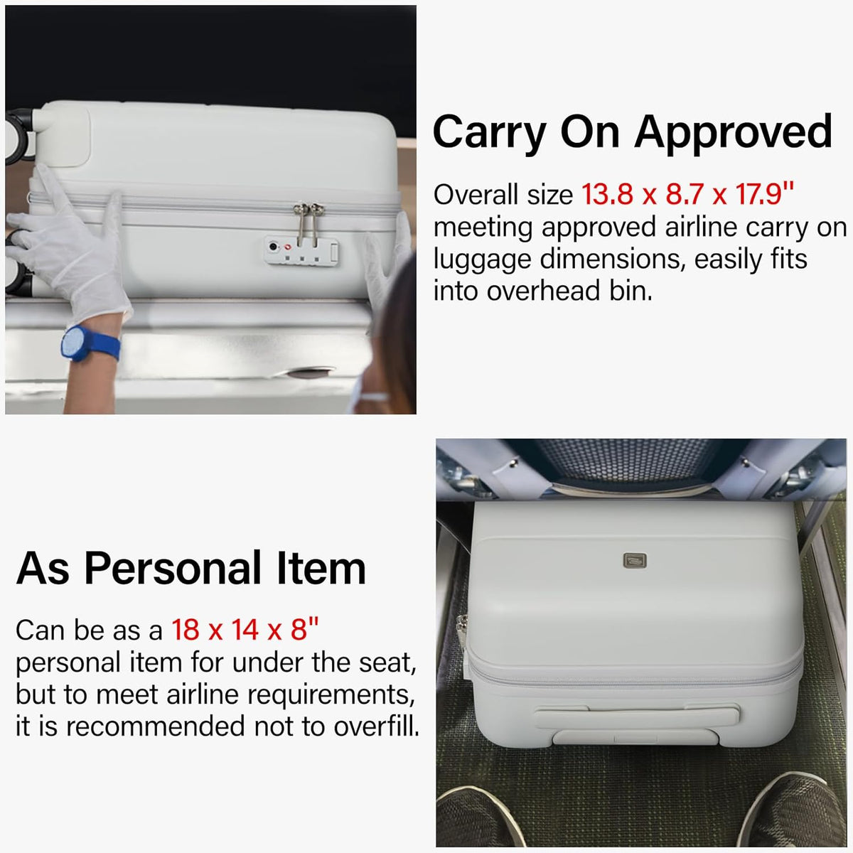 16 Inch Underseat Carry On Luggage with Spinner Wheels Hard Shell Suitcases Mini Small Carry On Bag for Airline Approved TSA Luggage Lightweight Travel Suit Case(Smoke White)