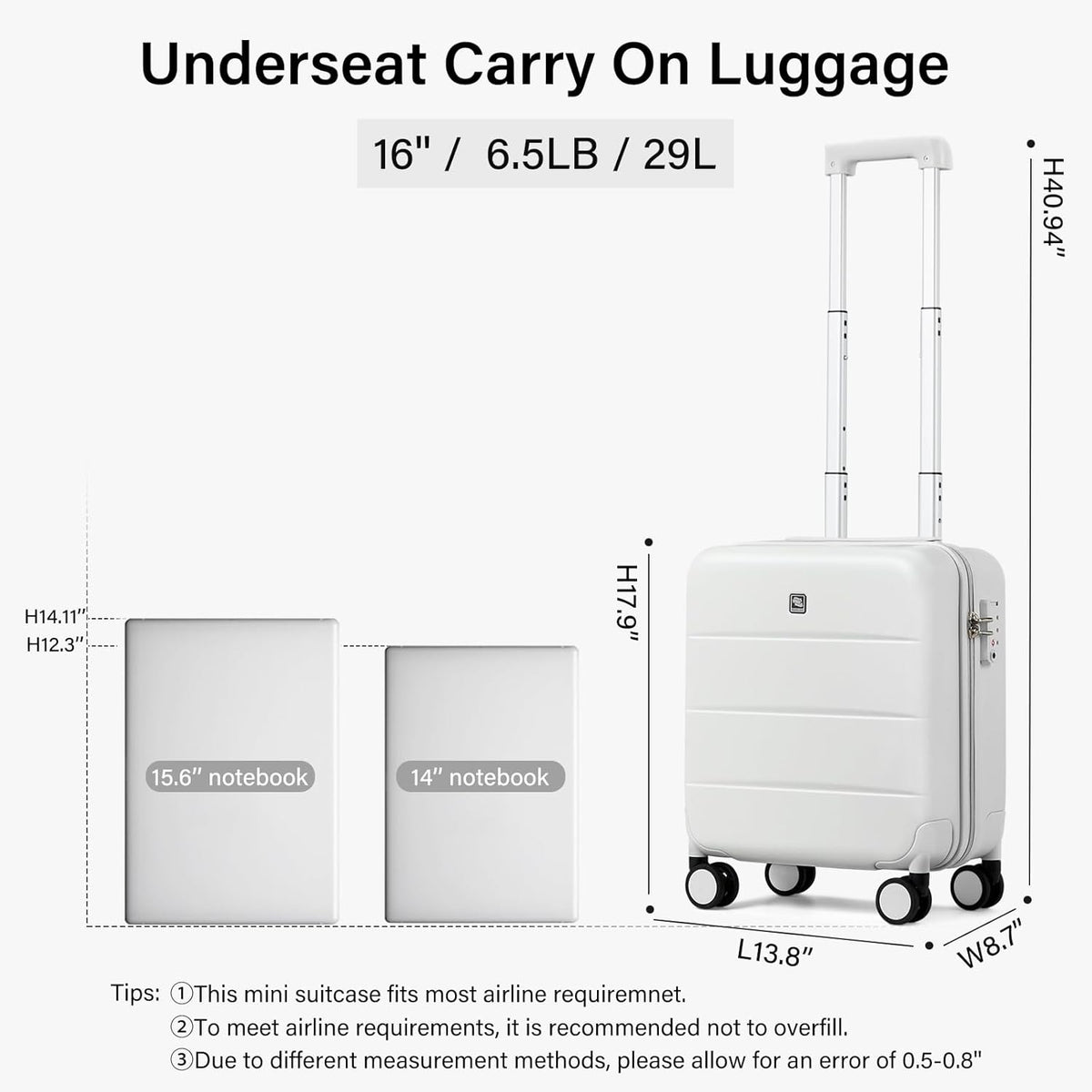 16 Inch Underseat Carry On Luggage with Spinner Wheels Hard Shell Suitcases Mini Small Carry On Bag for Airline Approved TSA Luggage Lightweight Travel Suit Case(Smoke White)