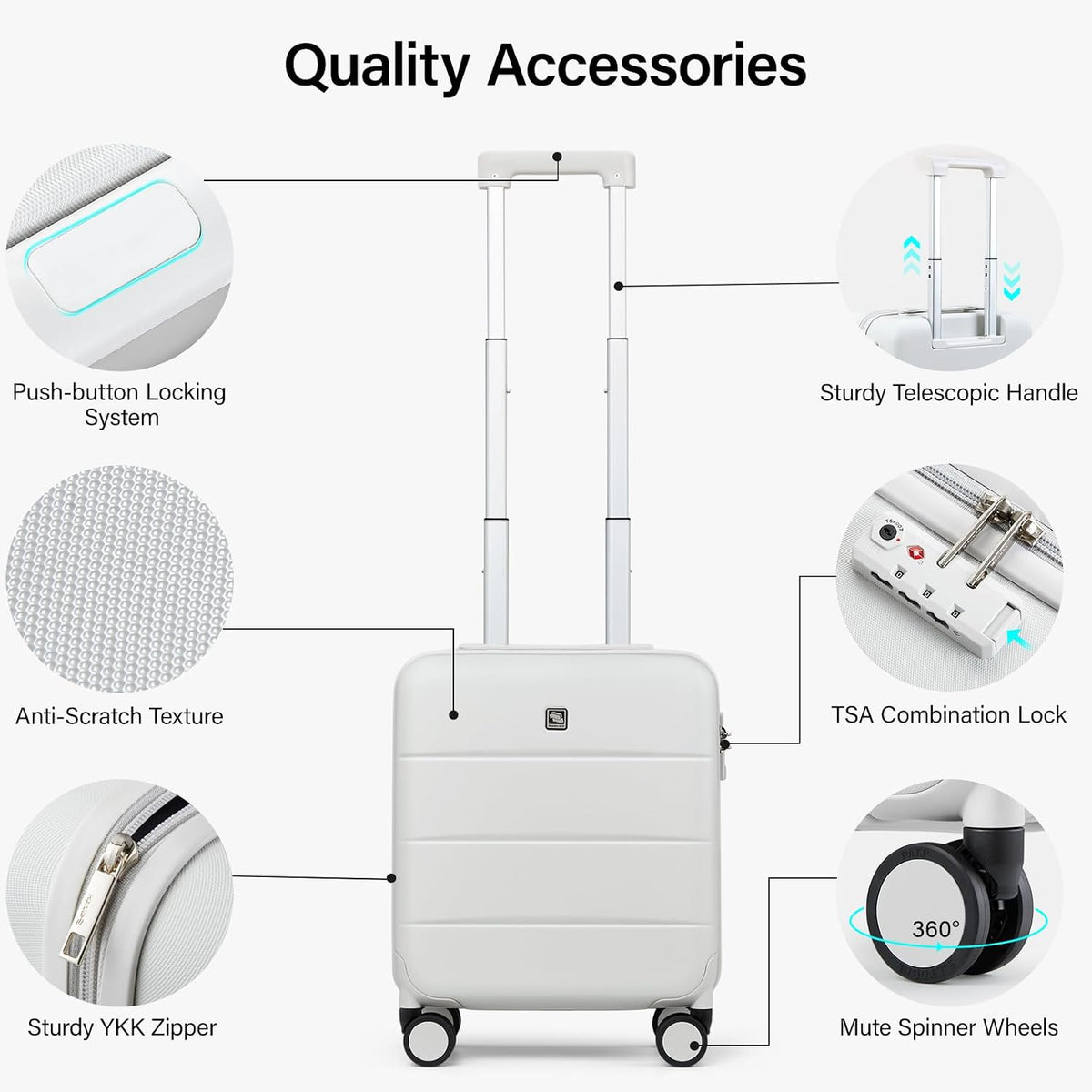 16 Inch Underseat Carry On Luggage with Spinner Wheels Hard Shell Suitcases Mini Small Carry On Bag for Airline Approved TSA Luggage Lightweight Travel Suit Case(Smoke White)