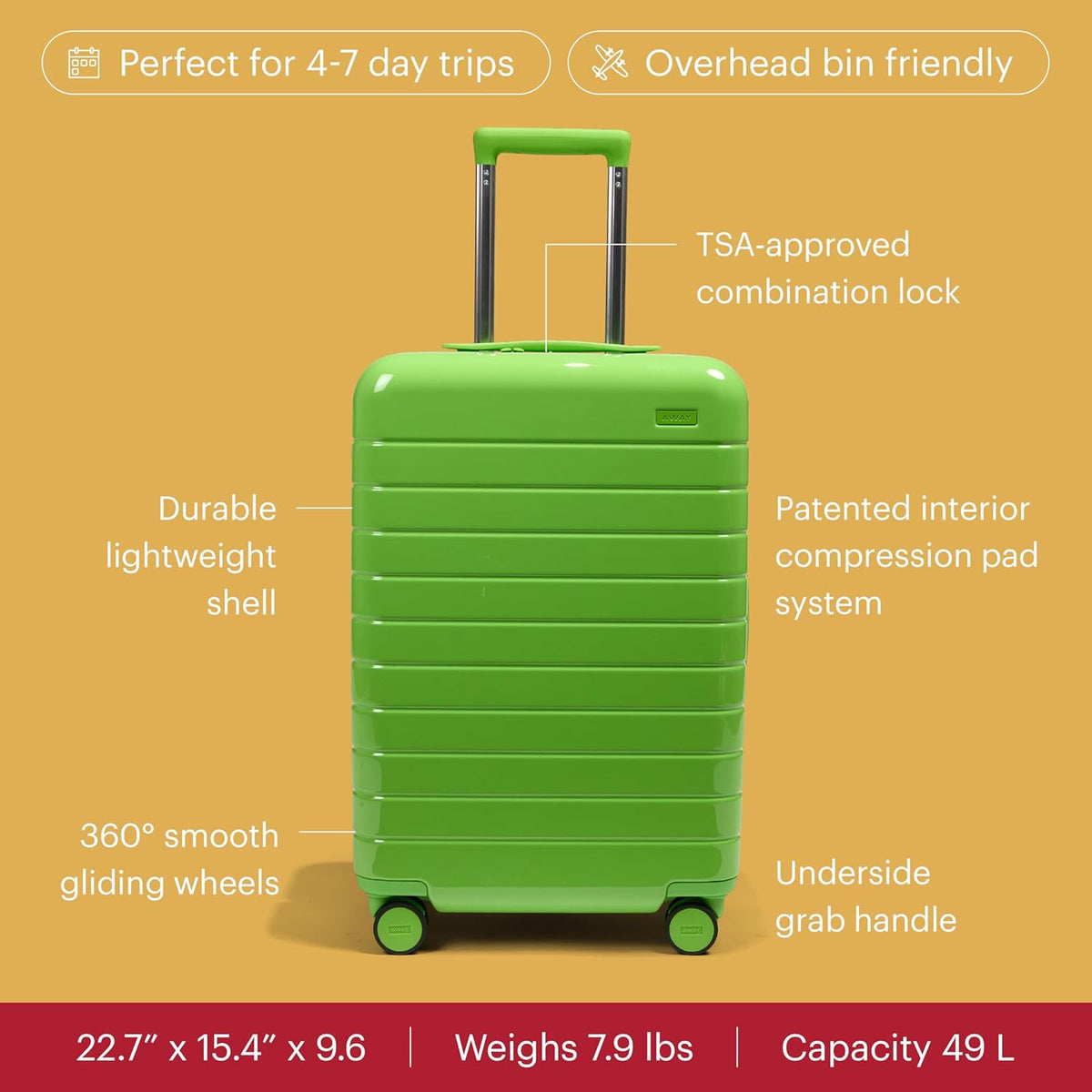 Bigger Carry-On Luggage - 23-Inch Lightweight Hardside Suitcase with 360° Spinner Wheels, Interior Compression System, TSA-Approved Lock - Sea Green
