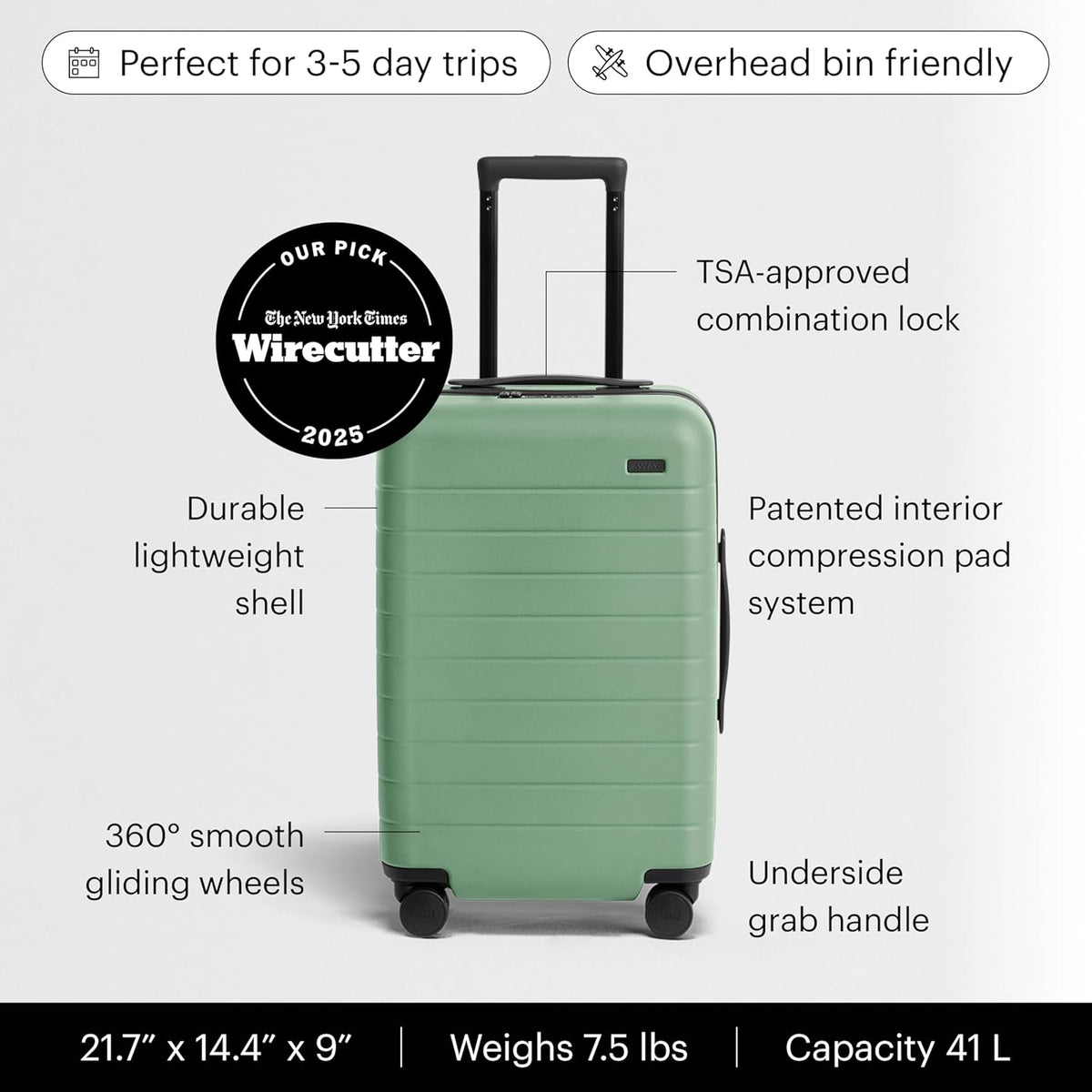Bigger Carry-On Luggage - 23-Inch Lightweight Hardside Suitcase with 360° Spinner Wheels, Interior Compression System, TSA-Approved Lock - Sea Green