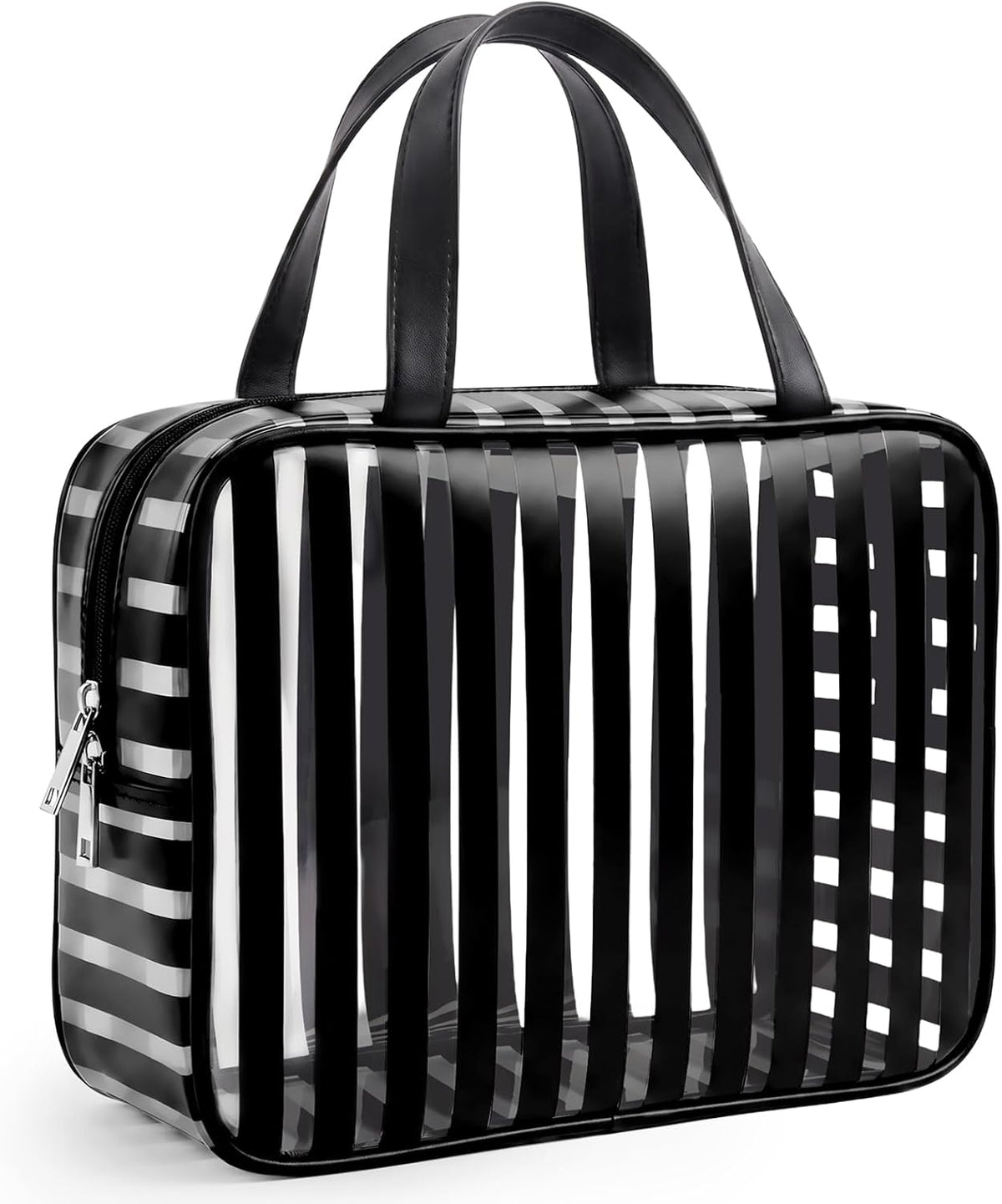 Clear Pink Striped PVC Makeup Bag, Large 10.2 x 7.9 x 3.1 Inch Waterproof Travel Toiletry Bag with Handle, TSA Approved Clear Cosmetic Organizer for Travel Gym Bathroom