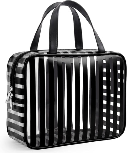 Clear Pink Striped PVC Makeup Bag, Large 10.2 x 7.9 x 3.1 Inch Waterproof Travel Toiletry Bag with Handle, TSA Approved Clear Cosmetic Organizer for Travel Gym Bathroom