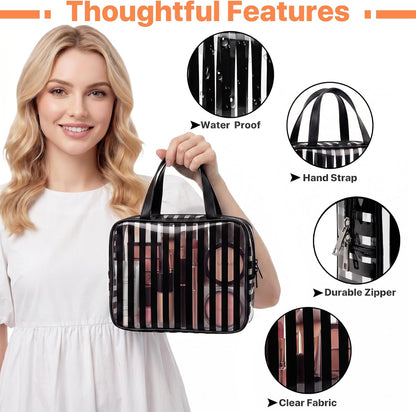 Clear Pink Striped PVC Makeup Bag, Large 10.2 x 7.9 x 3.1 Inch Waterproof Travel Toiletry Bag with Handle, TSA Approved Clear Cosmetic Organizer for Travel Gym Bathroom