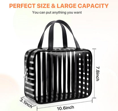 Clear Pink Striped PVC Makeup Bag, Large 10.2 x 7.9 x 3.1 Inch Waterproof Travel Toiletry Bag with Handle, TSA Approved Clear Cosmetic Organizer for Travel Gym Bathroom
