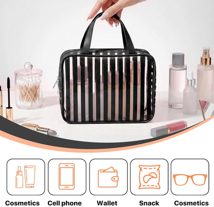 Clear Pink Striped PVC Makeup Bag, Large 10.2 x 7.9 x 3.1 Inch Waterproof Travel Toiletry Bag with Handle, TSA Approved Clear Cosmetic Organizer for Travel Gym Bathroom