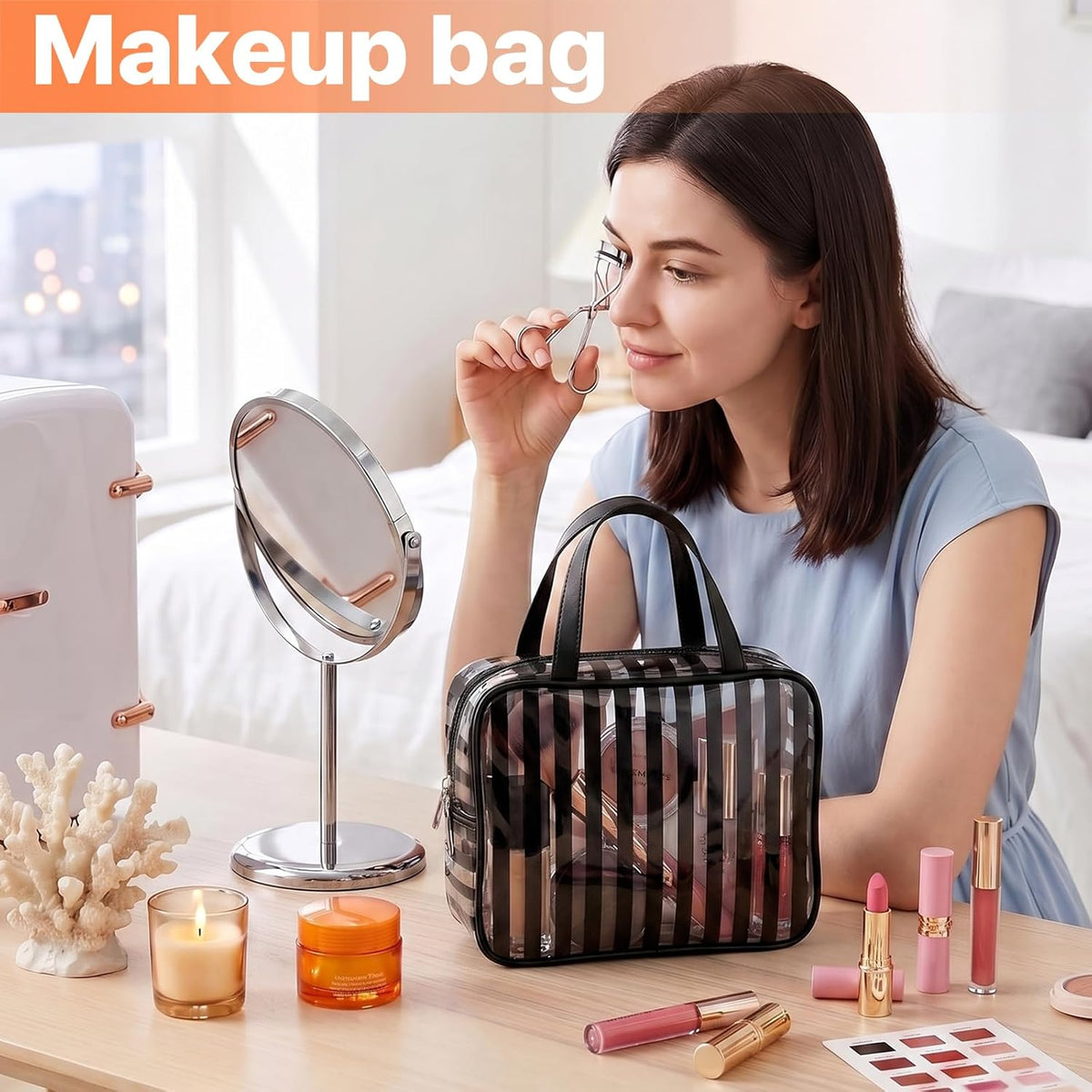 Clear Pink Striped PVC Makeup Bag, Large 10.2 x 7.9 x 3.1 Inch Waterproof Travel Toiletry Bag with Handle, TSA Approved Clear Cosmetic Organizer for Travel Gym Bathroom