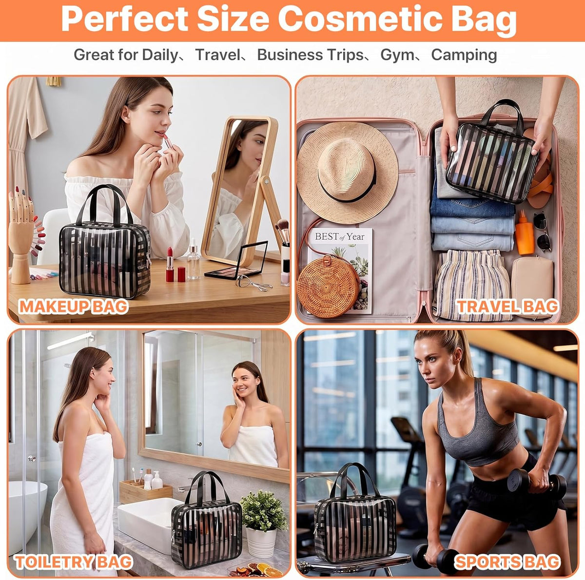 Clear Pink Striped PVC Makeup Bag, Large 10.2 x 7.9 x 3.1 Inch Waterproof Travel Toiletry Bag with Handle, TSA Approved Clear Cosmetic Organizer for Travel Gym Bathroom