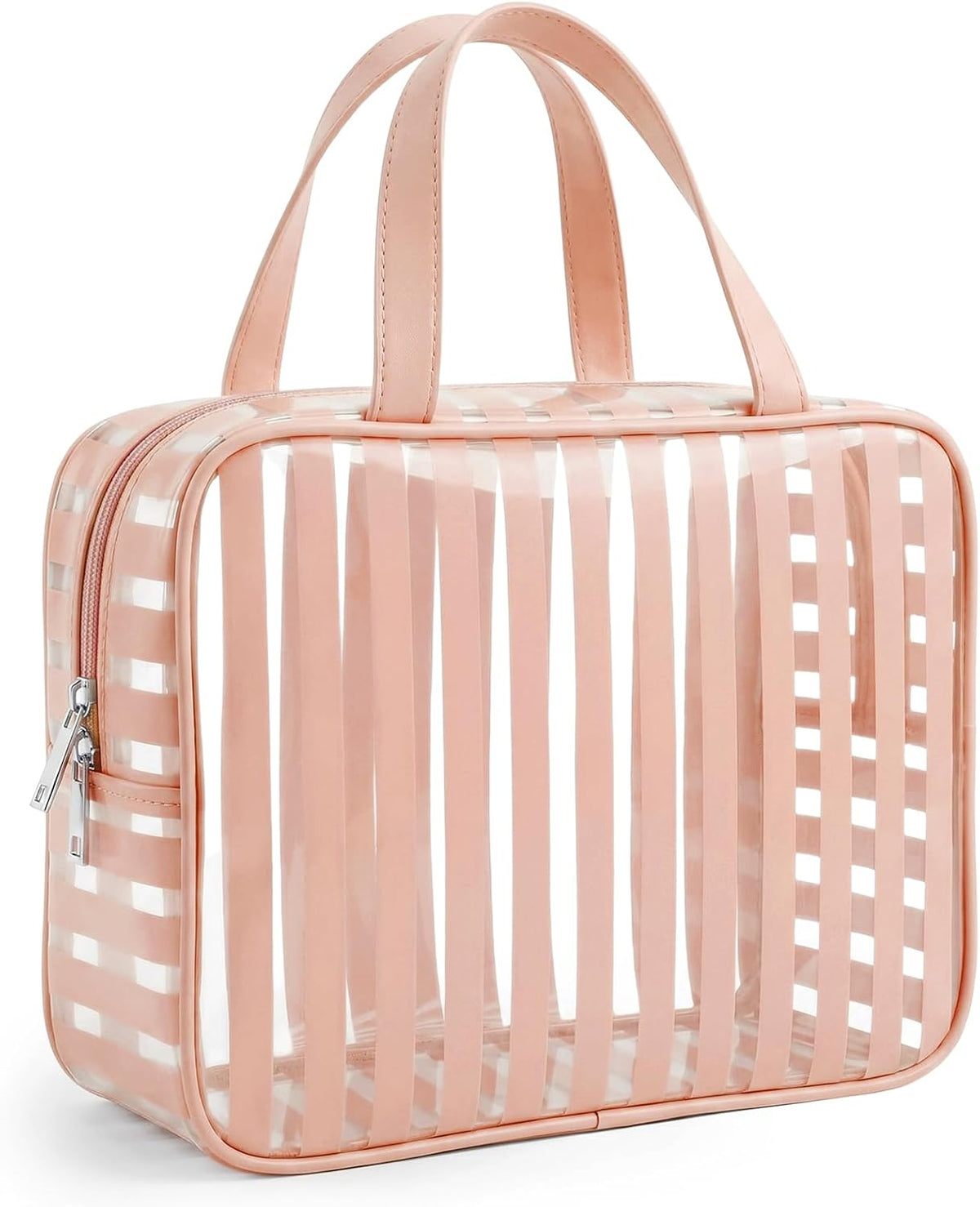 Clear Pink Striped PVC Makeup Bag, Large 10.2 x 7.9 x 3.1 Inch Waterproof Travel Toiletry Bag with Handle, TSA Approved Clear Cosmetic Organizer for Travel Gym Bathroom